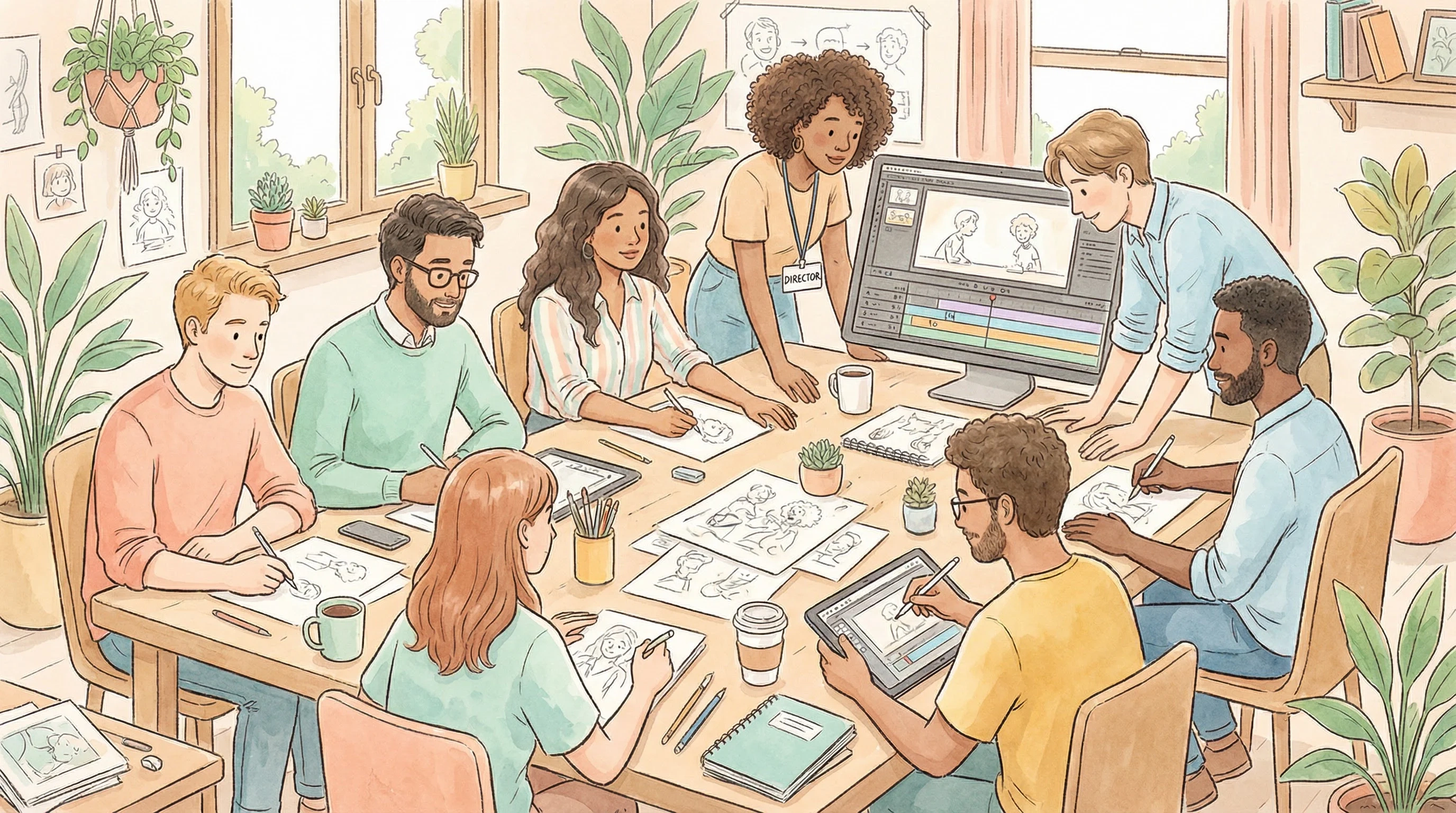 苏小涵创作团队协作工作场景插画 - 多元化动画专业团队
